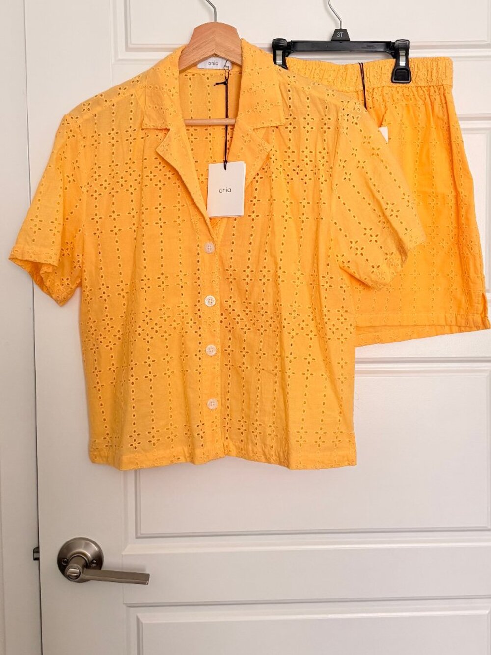 Onia Butter yellow eyelet blouse and short set